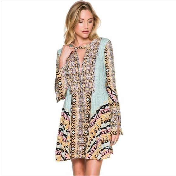 Free People Tegan Border Printed Mini Dress In Blue Combo Size 0 - Picture 1 of 10